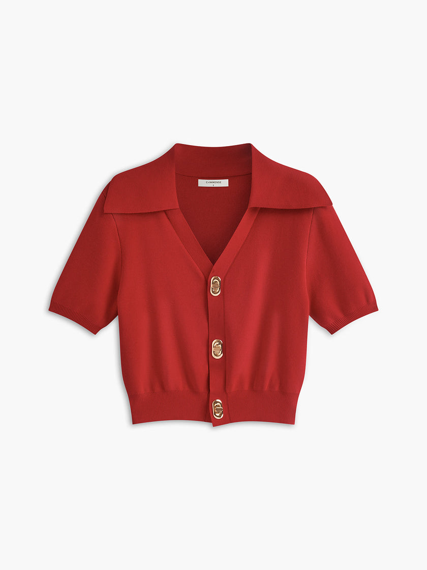Knit Crop Top Women V-Neck Slim Fit Short Sleeve