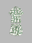 Linen Blend Shorts Set Women Printed Oversized Off-White