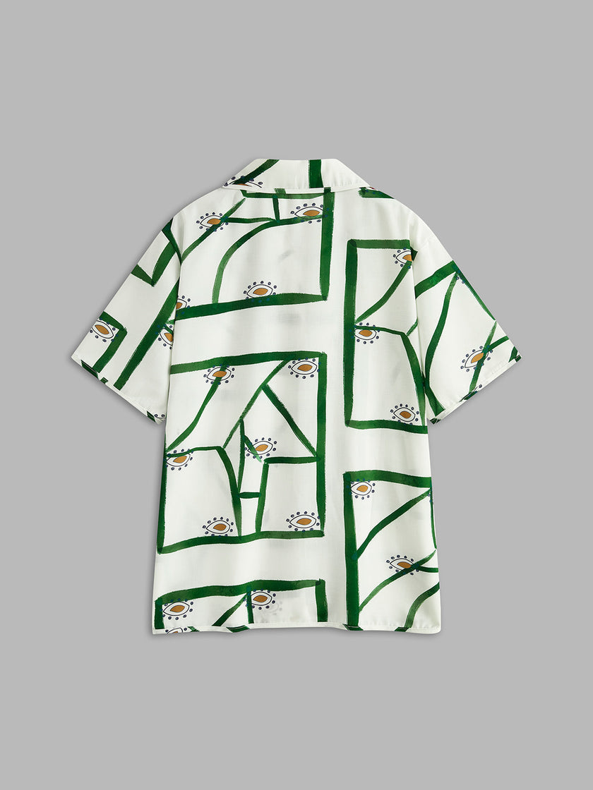 Linen Blend Shorts Set Women Printed Oversized Off-White