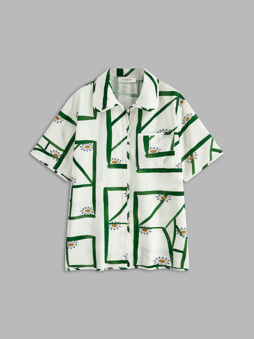 Linen Blend Shorts Set Women Printed Oversized Off-White