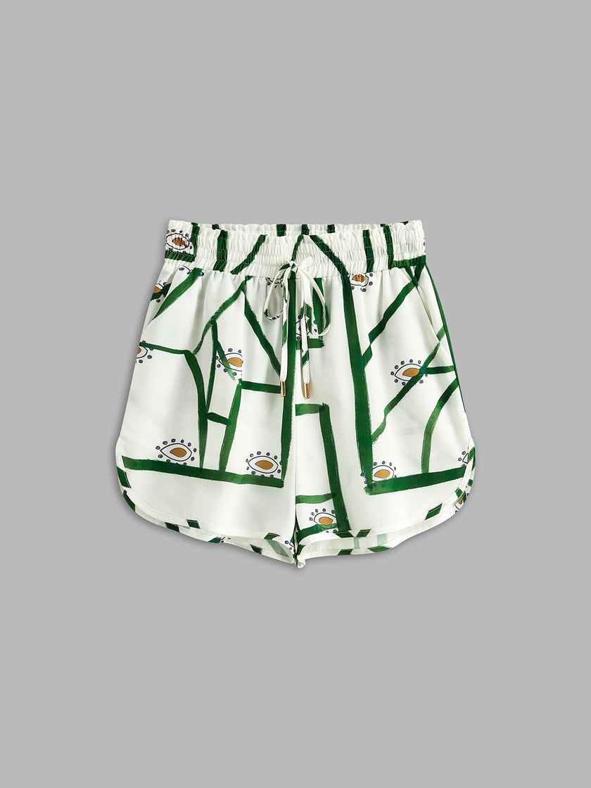 Linen Blend Shorts Set Women Printed Oversized Off-White
