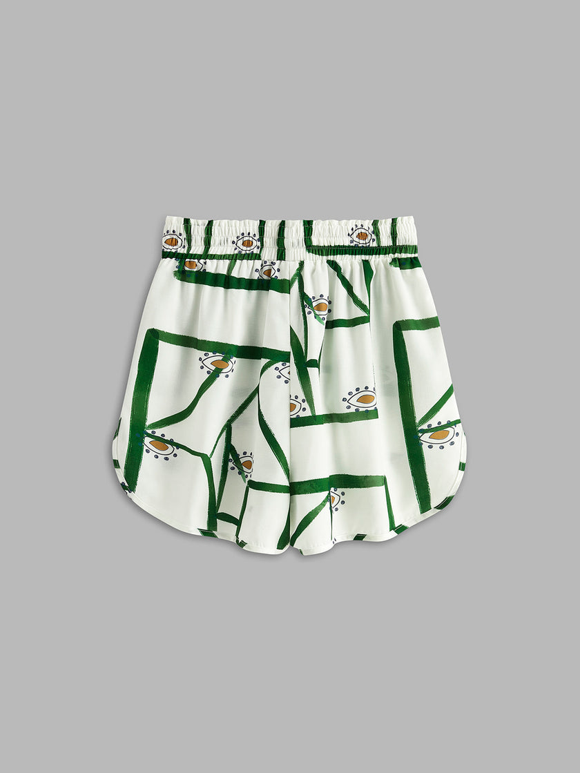 Linen Blend Shorts Set Women Printed Oversized Off-White