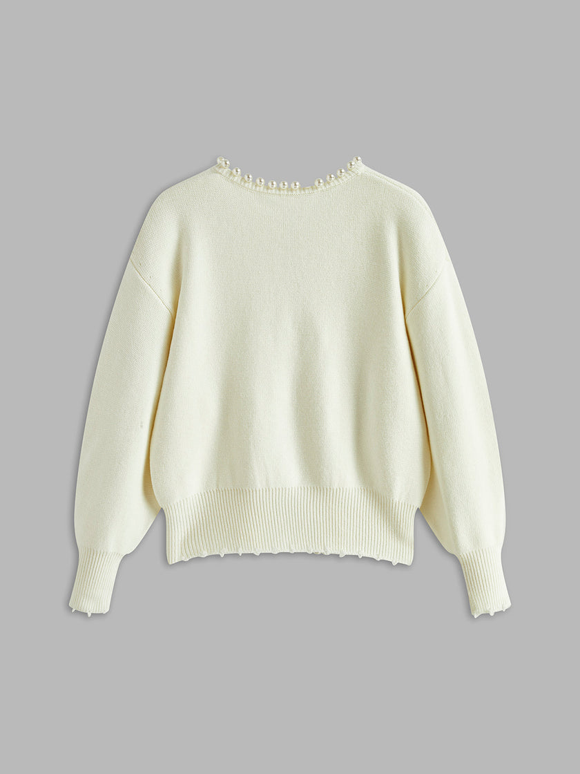 Knit Cardigan Women Pearl Trim Button Front Distressed Hem