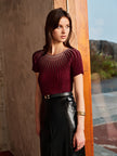 Knit Top Women Short Sleeve Semi-Sheer Crew Neck