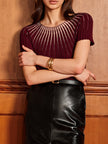 Knit Top Women Short Sleeve Semi-Sheer Crew Neck