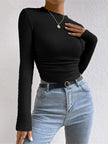 Waffle Knit Top Women Slim Fit Crew Neck Long Sleeve