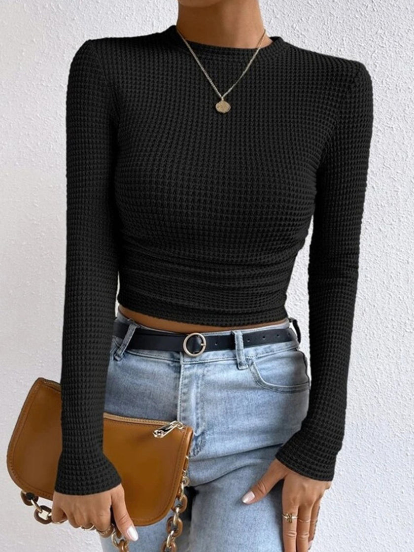 Waffle Knit Top Women Slim Fit Crew Neck Long Sleeve