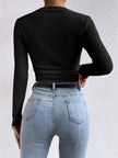 Waffle Knit Top Women Slim Fit Crew Neck Long Sleeve