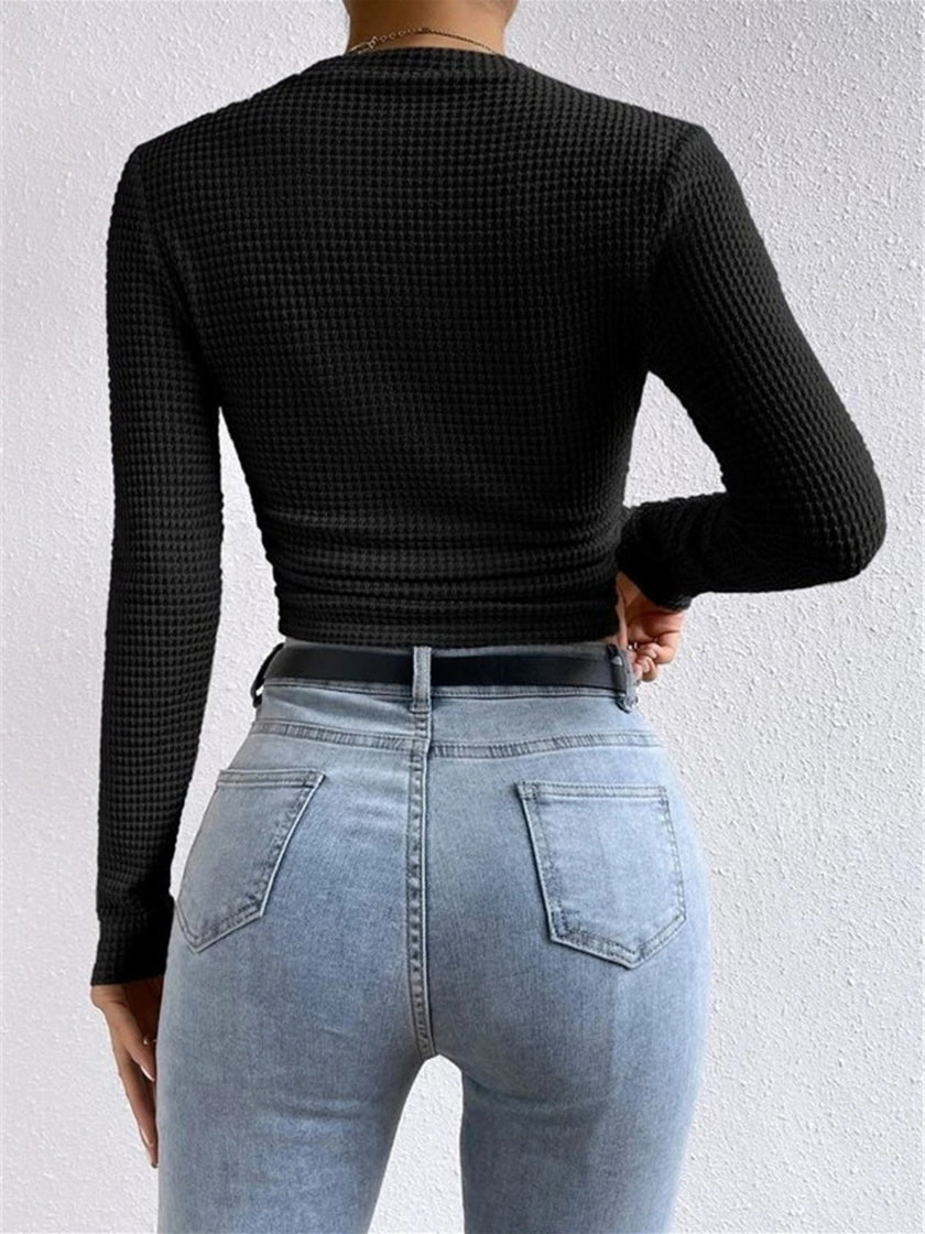 Waffle Knit Top Women Slim Fit Crew Neck Long Sleeve