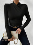 T-Shirt Women Draped Collar Pleated Waist Short Sleeve