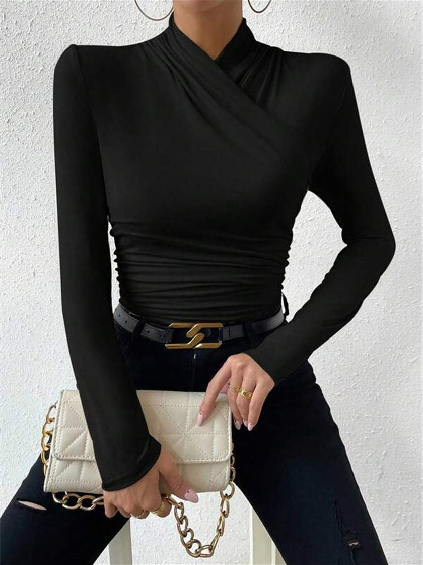 T-Shirt Women Draped Collar Pleated Waist Short Sleeve