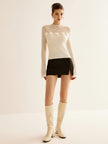 Knit Top Women Floral Applique Slim Fit Semi-Sheer Long Sleeve