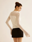 Knit Top Women Floral Applique Slim Fit Semi-Sheer Long Sleeve