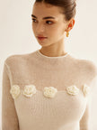 Knit Top Women Floral Applique Slim Fit Semi-Sheer Long Sleeve