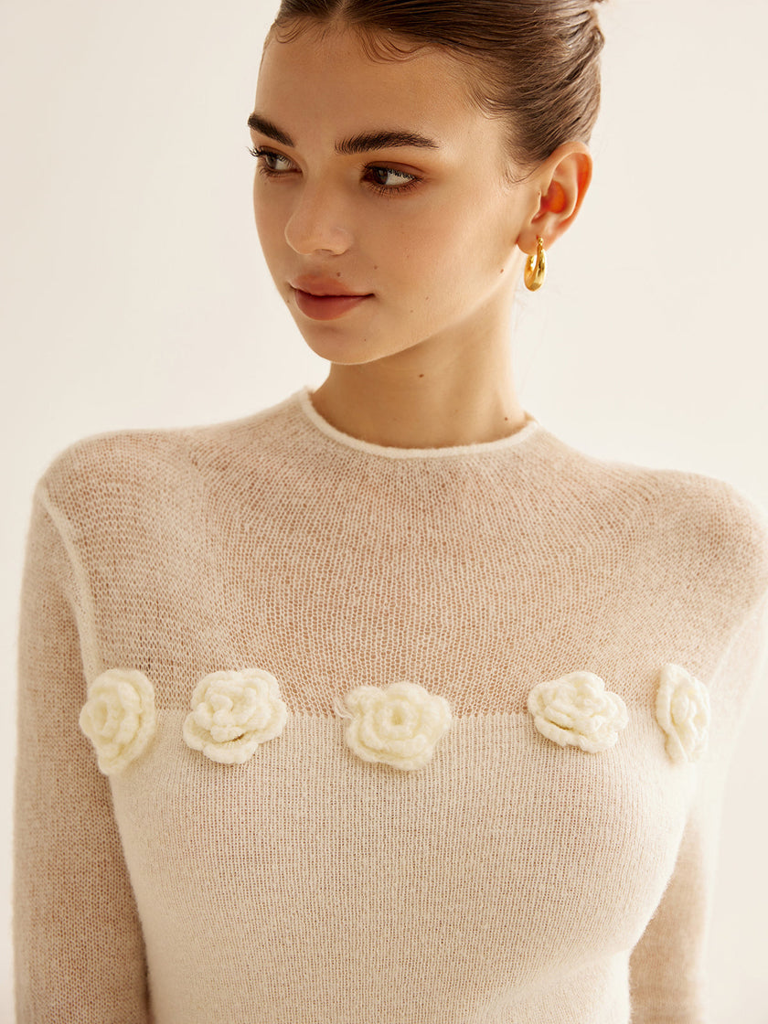 Knit Top Women Floral Applique Slim Fit Semi-Sheer Long Sleeve