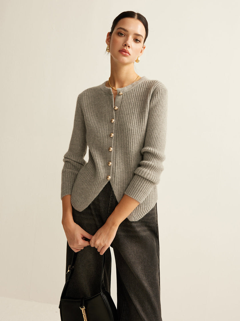 Knit Cardigan Women V-Neck Button Front Side Slit