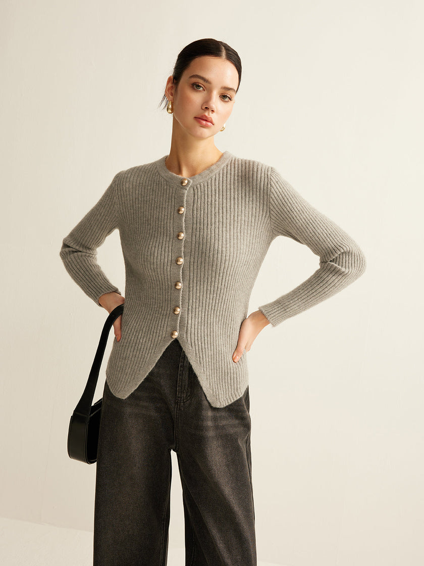 Knit Cardigan Women V-Neck Button Front Side Slit