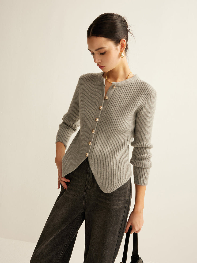 Knit Cardigan Women V-Neck Button Front Side Slit