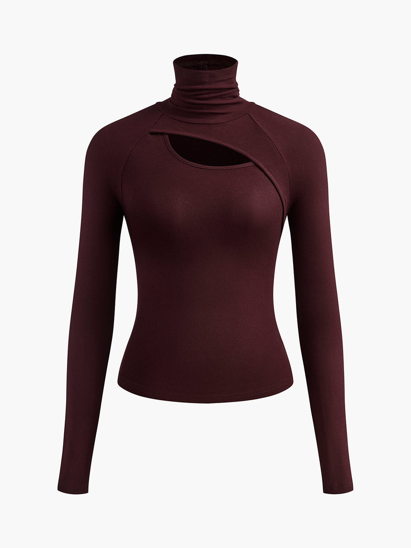 Turtleneck Top Women Slim Fit Cut-Out Asymmetric Long Sleeve