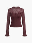 Knit Top Women Floral Applique Slim Fit Semi-Sheer Long Sleeve