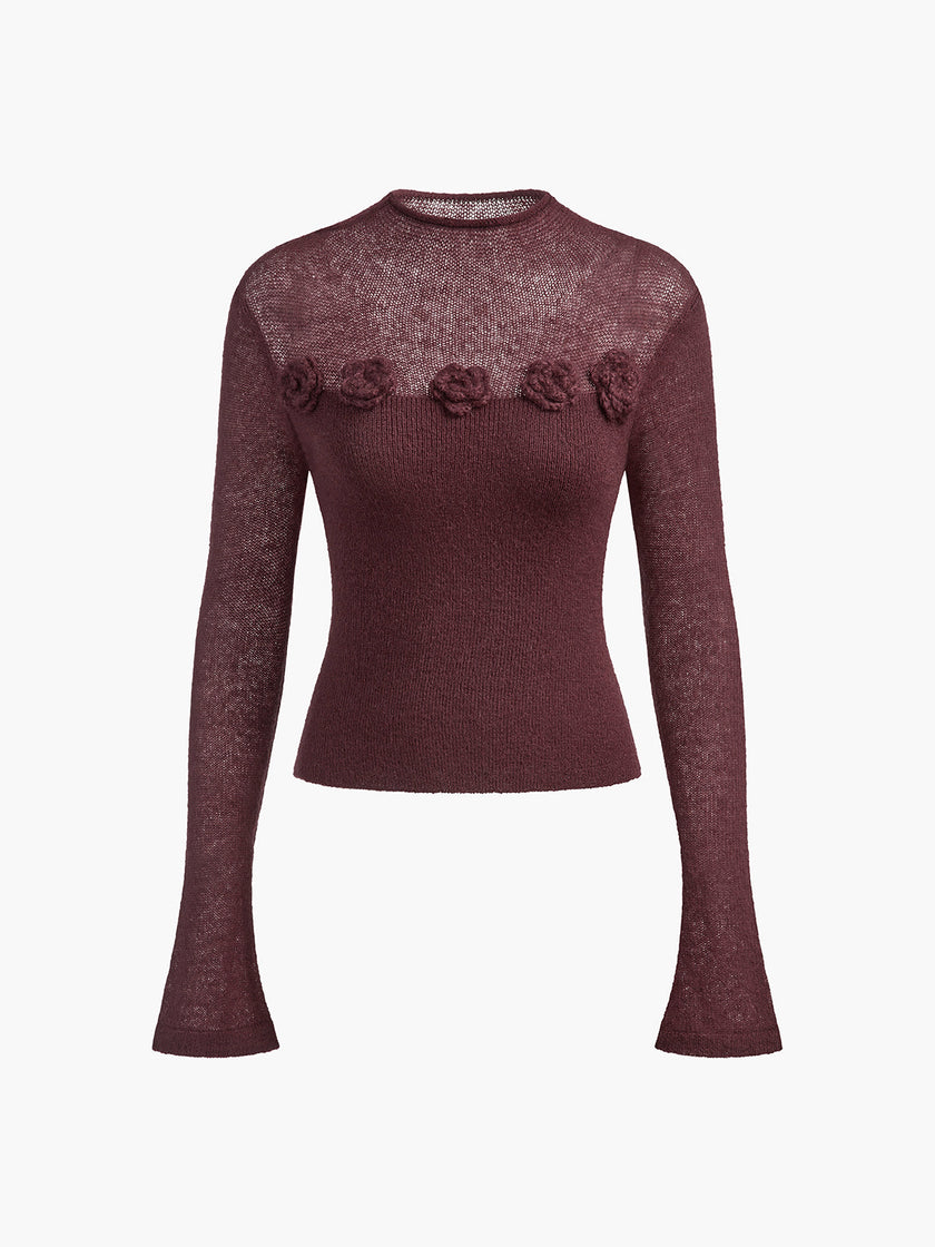 Knit Top Women Floral Applique Slim Fit Semi-Sheer Long Sleeve