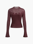 Knit Top Women Floral Applique Slim Fit Semi-Sheer Long Sleeve
