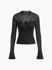 Knit Top Women Floral Applique Slim Fit Semi-Sheer Long Sleeve