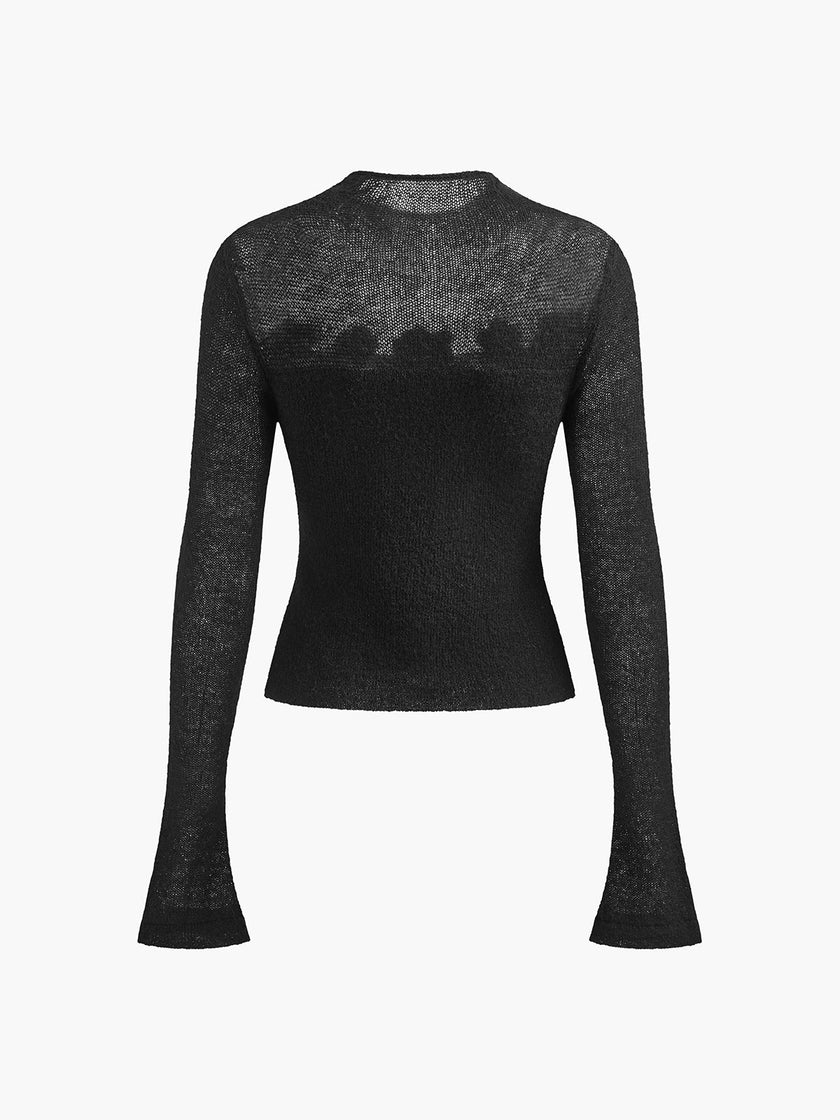Knit Top Women Floral Applique Slim Fit Semi-Sheer Long Sleeve