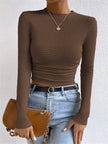 Waffle Knit Top Women Slim Fit Crew Neck Long Sleeve