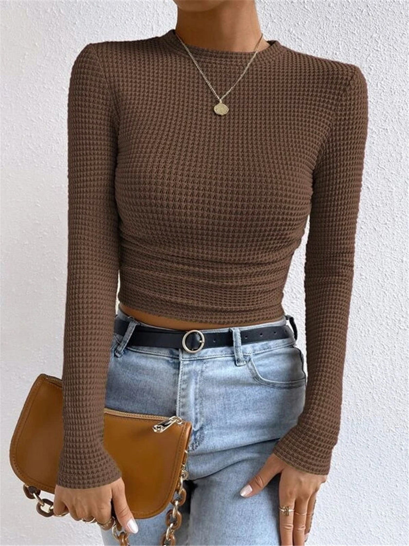 Waffle Knit Top Women Slim Fit Crew Neck Long Sleeve
