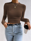 Waffle Knit Top Women Slim Fit Crew Neck Long Sleeve
