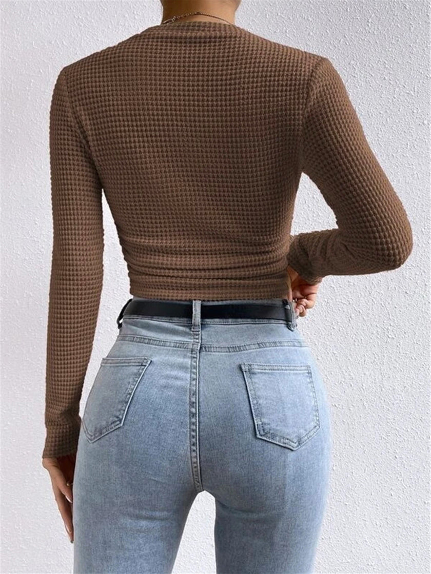Waffle Knit Top Women Slim Fit Crew Neck Long Sleeve