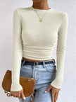 Waffle Knit Top Women Slim Fit Crew Neck Long Sleeve