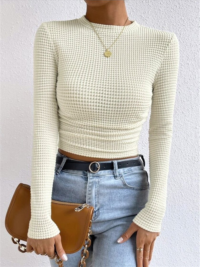 Waffle Knit Top Women Slim Fit Crew Neck Long Sleeve