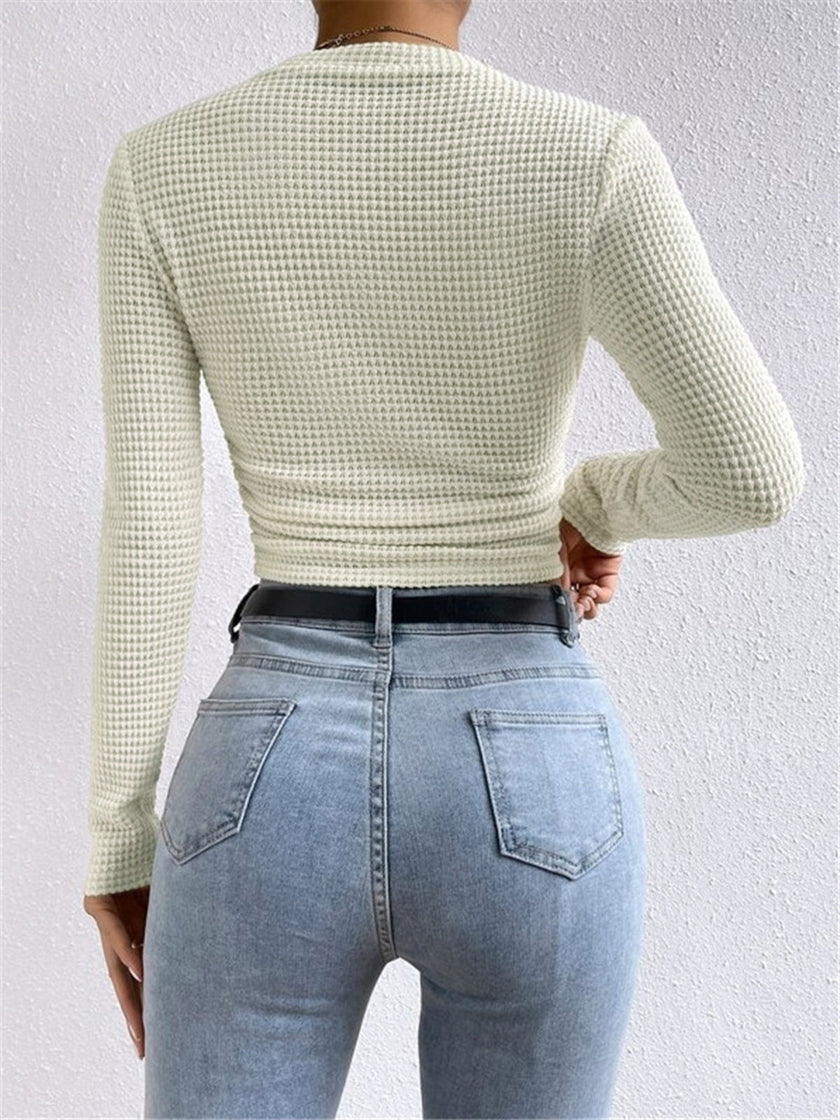 Waffle Knit Top Women Slim Fit Crew Neck Long Sleeve