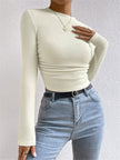 Waffle Knit Top Women Slim Fit Crew Neck Long Sleeve