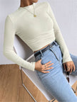 Waffle Knit Top Women Slim Fit Crew Neck Long Sleeve