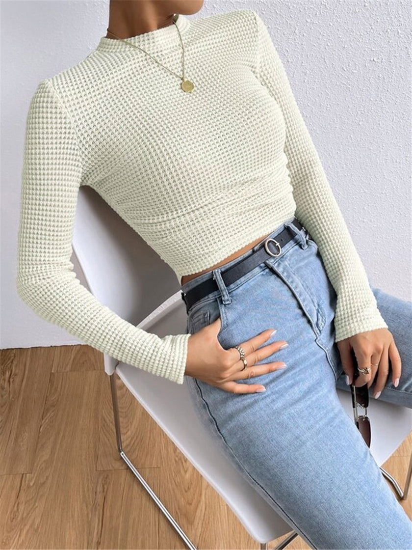 Waffle Knit Top Women Slim Fit Crew Neck Long Sleeve