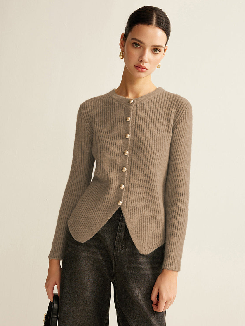 Knit Cardigan Women V-Neck Button Front Side Slit