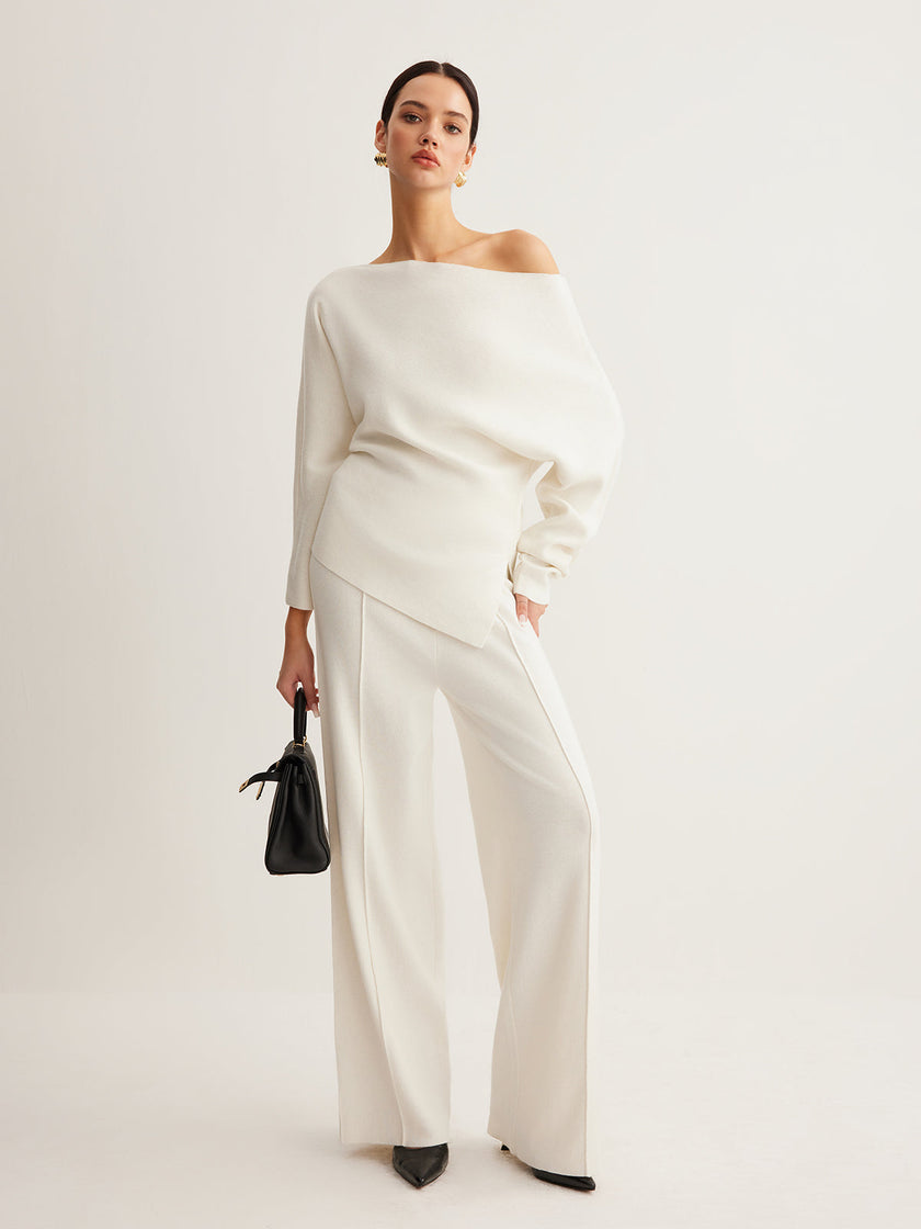 Wool Blend Knit Sweater Women Asymmetric Neck Long Sleeve