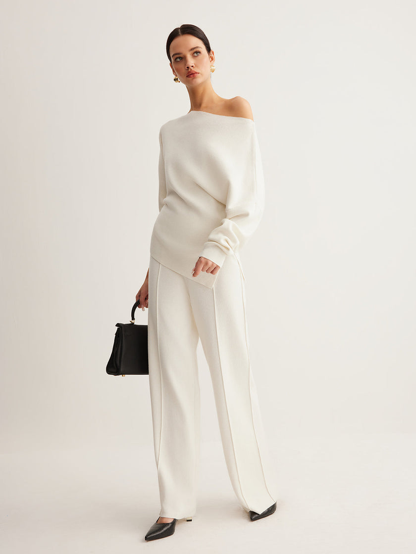 Wool Blend Knit Sweater Women Asymmetric Neck Long Sleeve