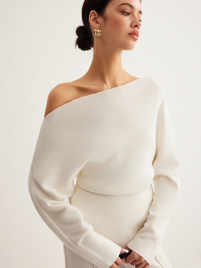 Wool Blend Knit Sweater Women Asymmetric Neck Long Sleeve