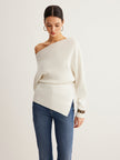 Wool Blend Knit Sweater Women Asymmetric Neck Long Sleeve