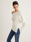 Wool Blend Knit Sweater Women Asymmetric Neck Long Sleeve