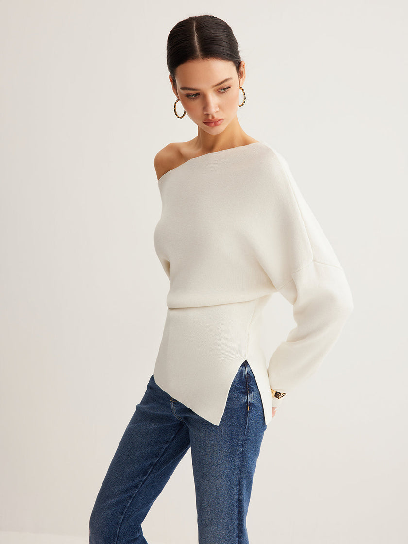 Wool Blend Knit Sweater Women Asymmetric Neck Long Sleeve
