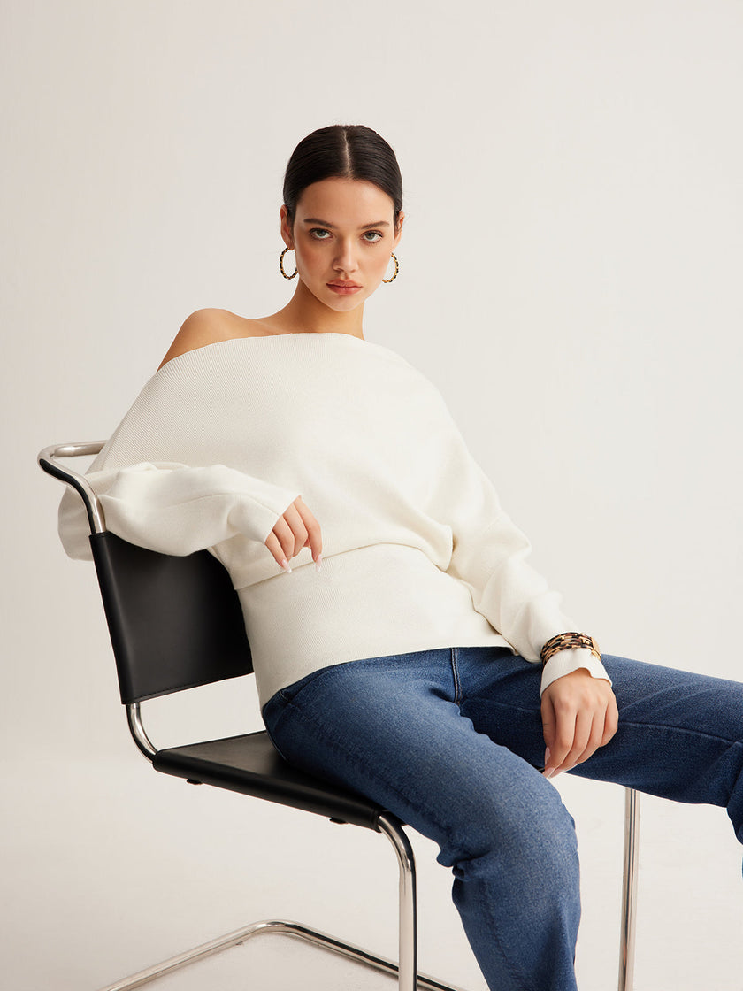 Wool Blend Knit Sweater Women Asymmetric Neck Long Sleeve