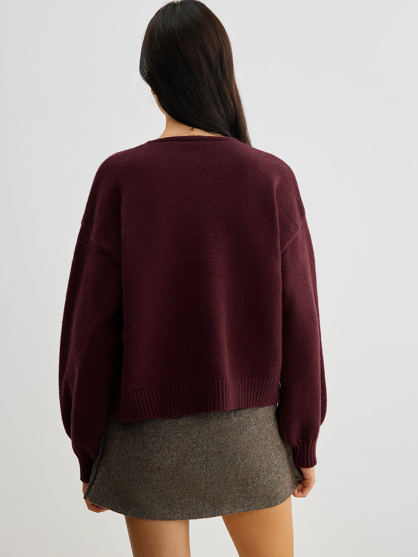 Knit Sweater Women Velvet Bow Puff Sleeve Relaxed Fit Winter