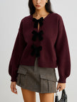 Knit Sweater Women Velvet Bow Puff Sleeve Relaxed Fit Winter