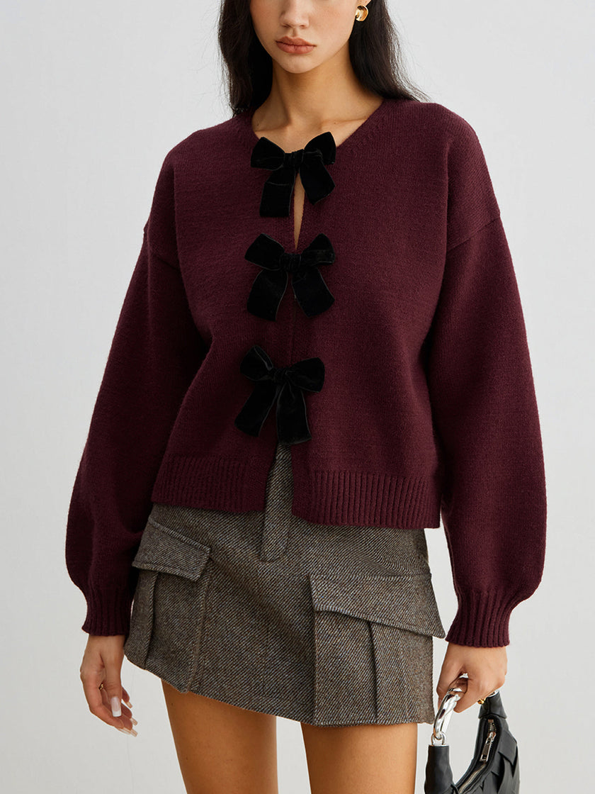 Knit Sweater Women Velvet Bow Puff Sleeve Relaxed Fit Winter