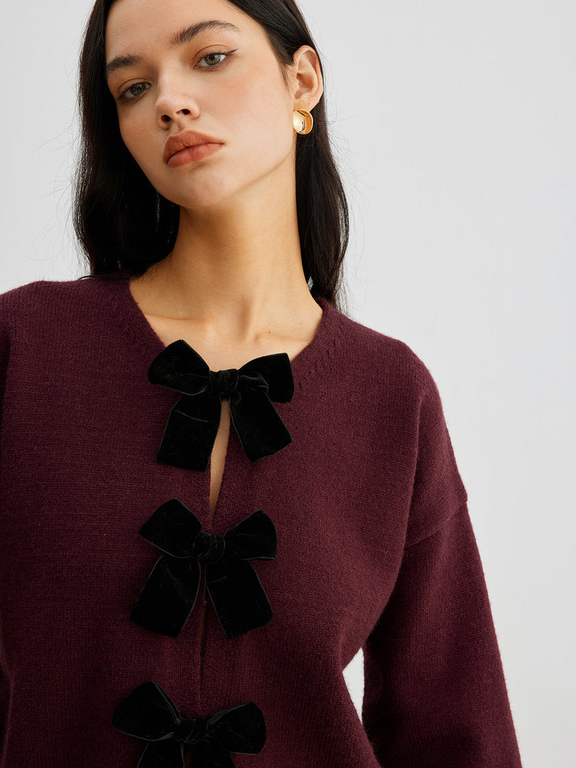 Knit Sweater Women Velvet Bow Puff Sleeve Relaxed Fit Winter